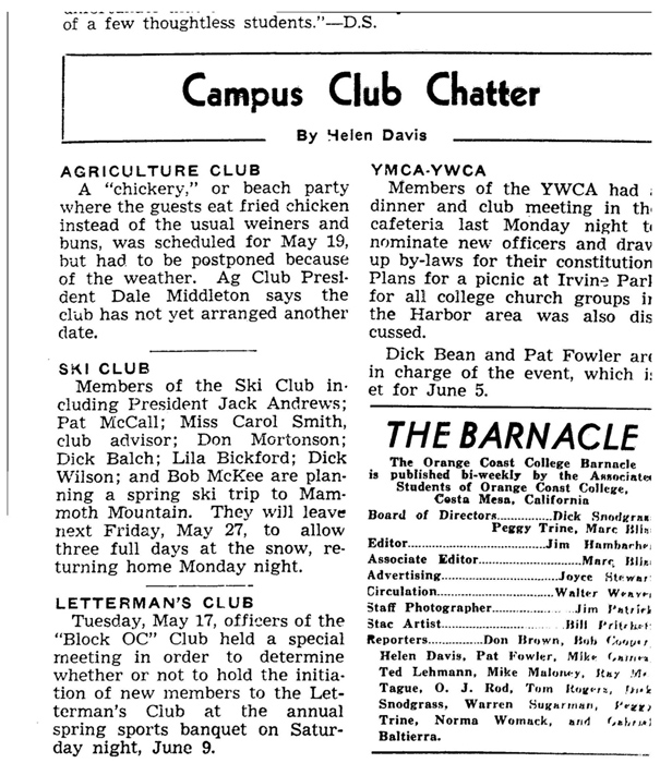 Article from the Barnacle May 1949 titled Campus Club Chatter