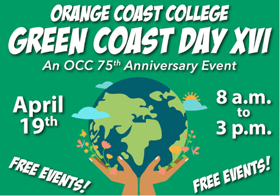 Hands holding a planet. Text: Green Coast Day XVI, Apr 19, 8am-3pm, Free event