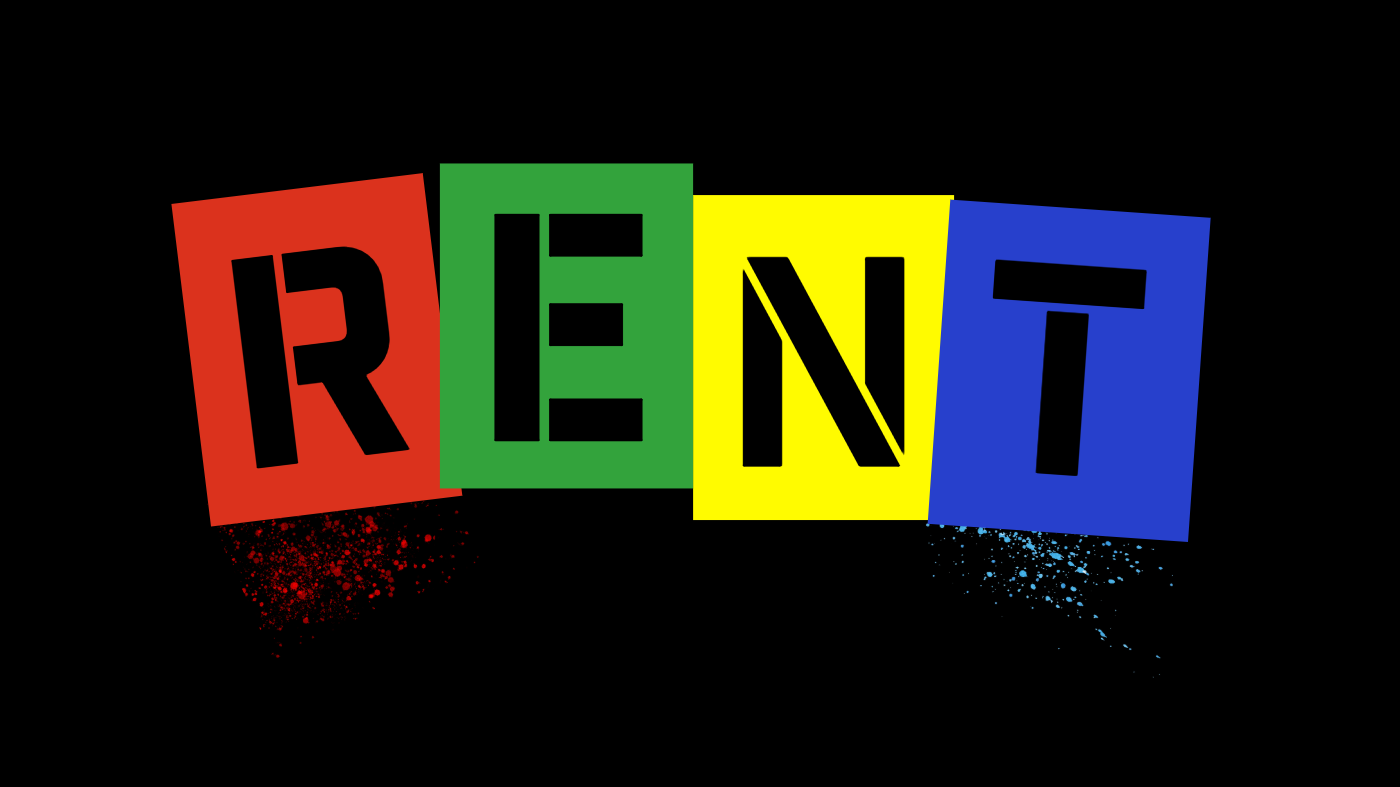 The word "RENT" spelled out in bold letters, each letter in its own colored square