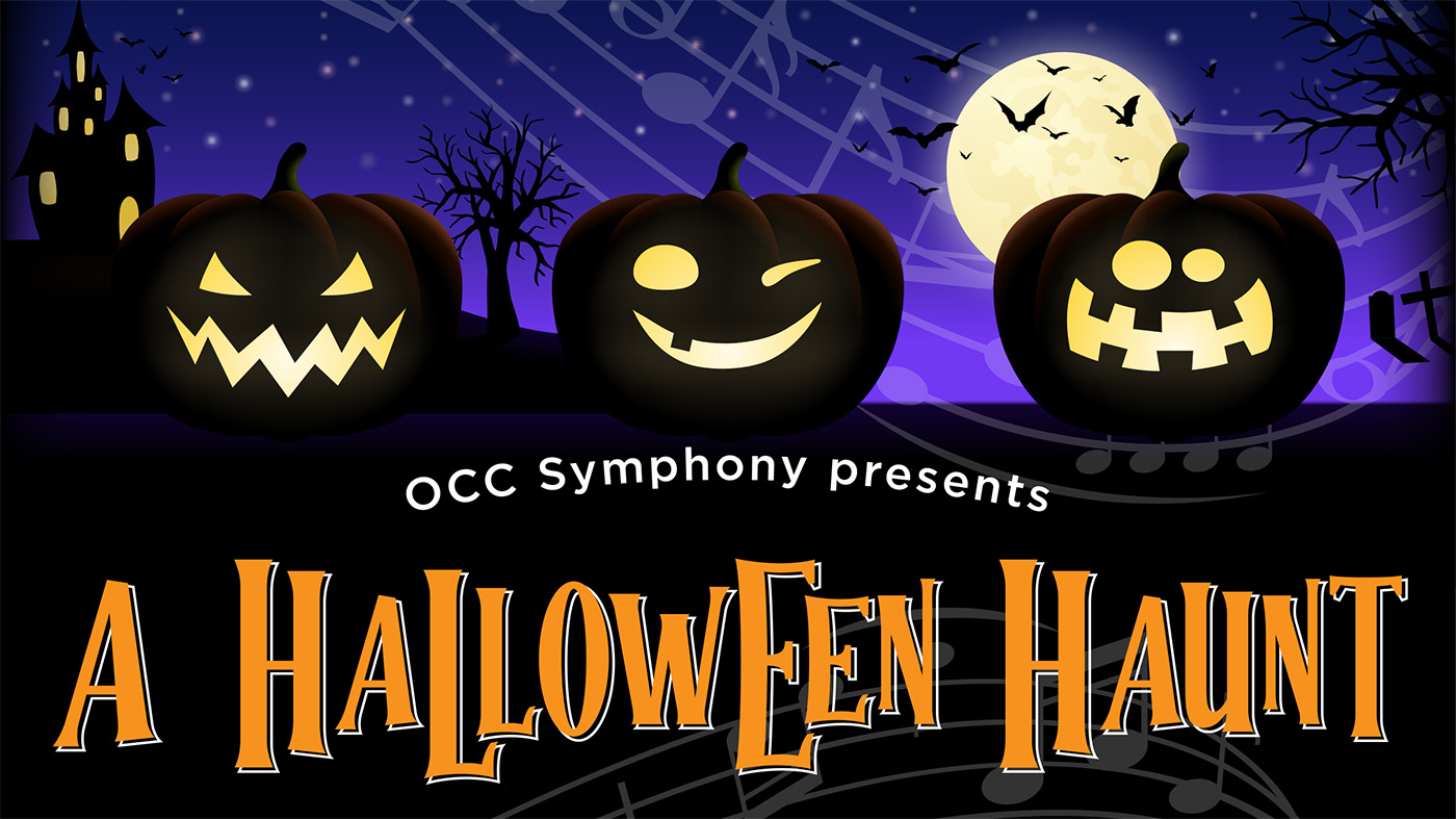 Three different jack-o-lanterns with a text overlay that reads "OCC Symphony presents A Halloween Haunt"