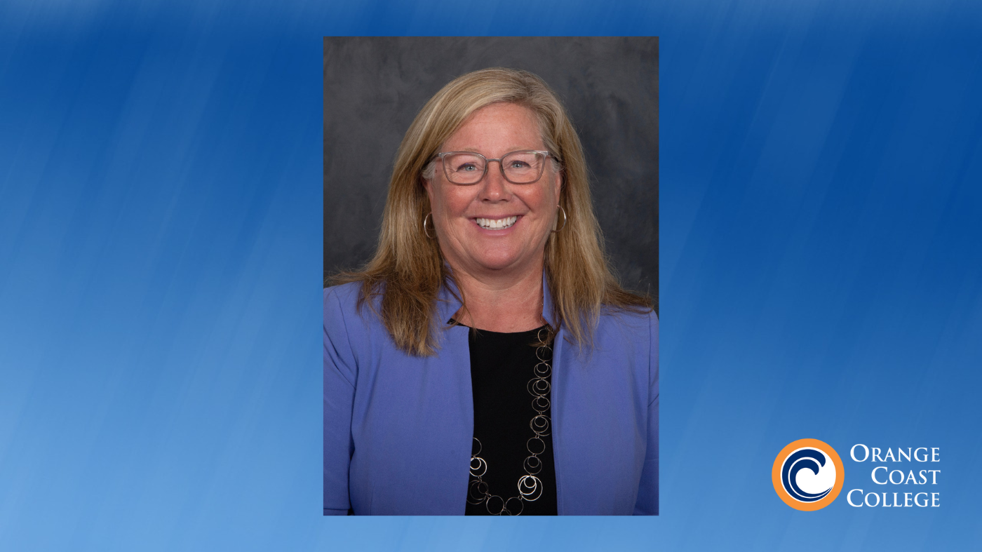 Blue background with headshot of woman wearing glasses