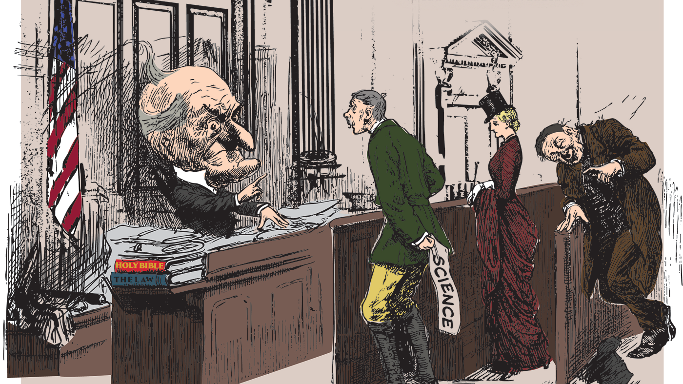 Illustration of a courtroom with a judge, a defendant and a plaintiff