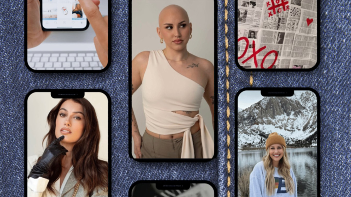 A collage of smartphone screens shows people posing, a hand using a smartphone, and a newspaper all on a denim background.