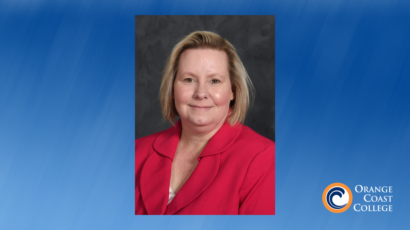 This is a portrait of a person wearing a red blazer, set against a blue background. The logo for Orange Coast College is in the bottom right corner.