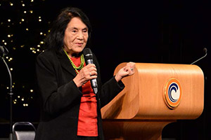 Dolores Huerta speaking on stage