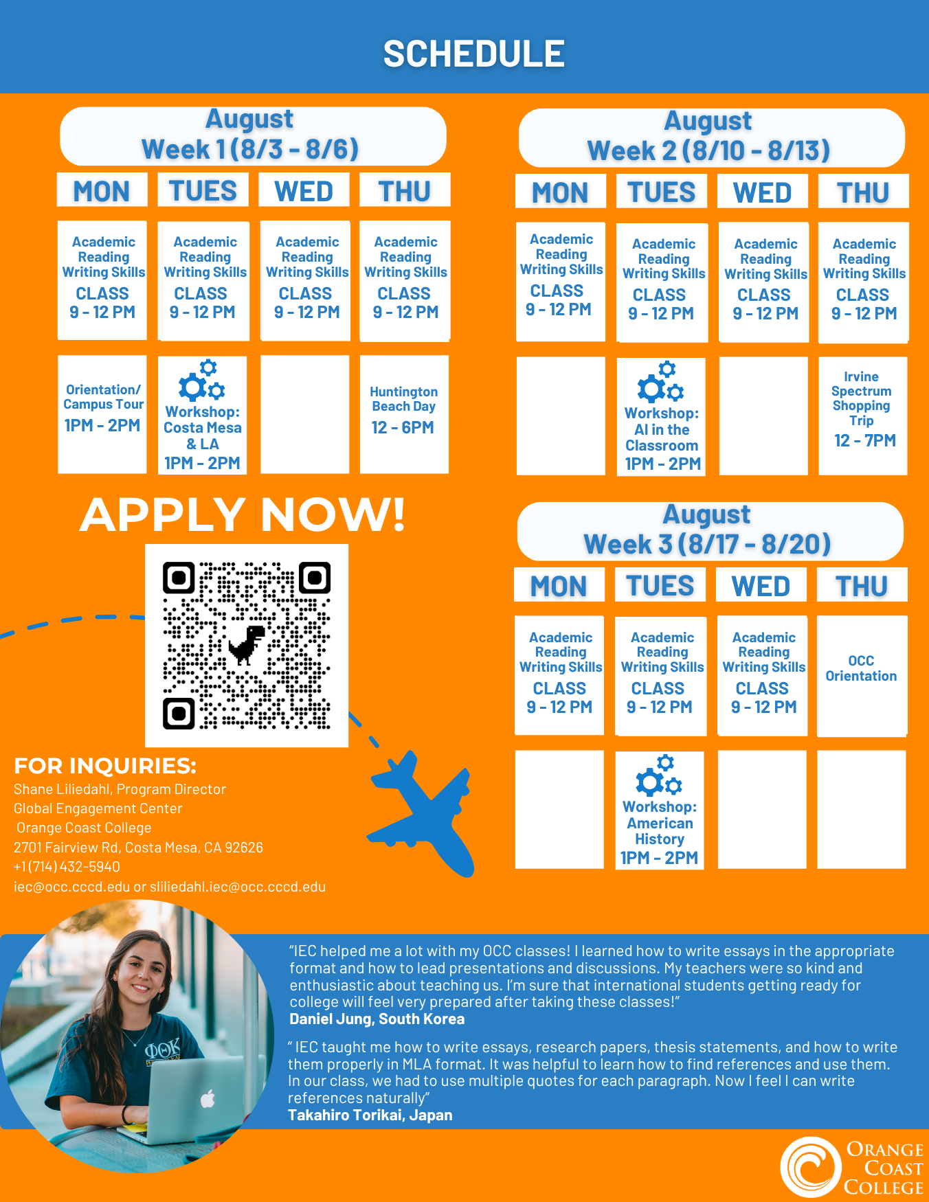 Academic Skills Early Fall Start Schedule