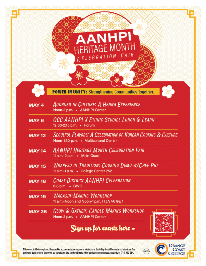 List of all API celebration events throughout the month of May 2026. Flyer is red with gold trim.