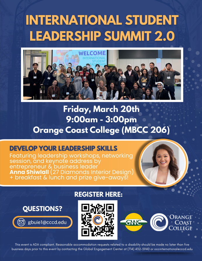 Flyer with blue background for international student leadership summit this march 20 2026 featuring all event details and photo of business leader anna shiwlall in a white jacket