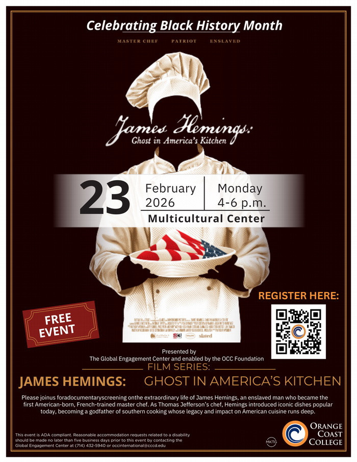 James Hemings documentary film event flyer for February 18th at the Multicultural Center