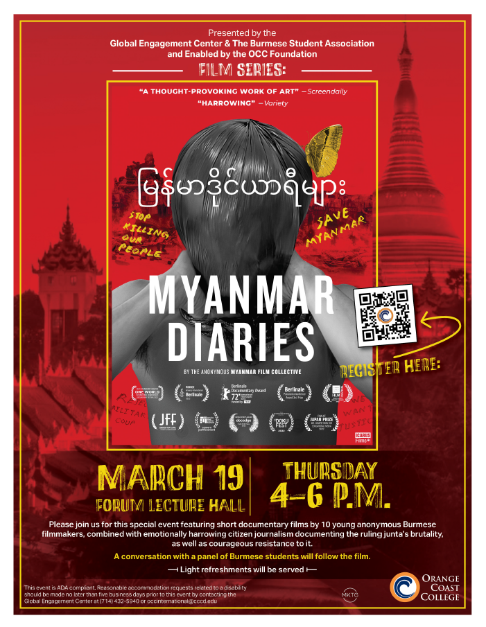 Flyer for Myanmar Diaries film event featuring a shirtless man with a plastic bag over his face and political slogans scribbled around him about democracy freedom and human rights