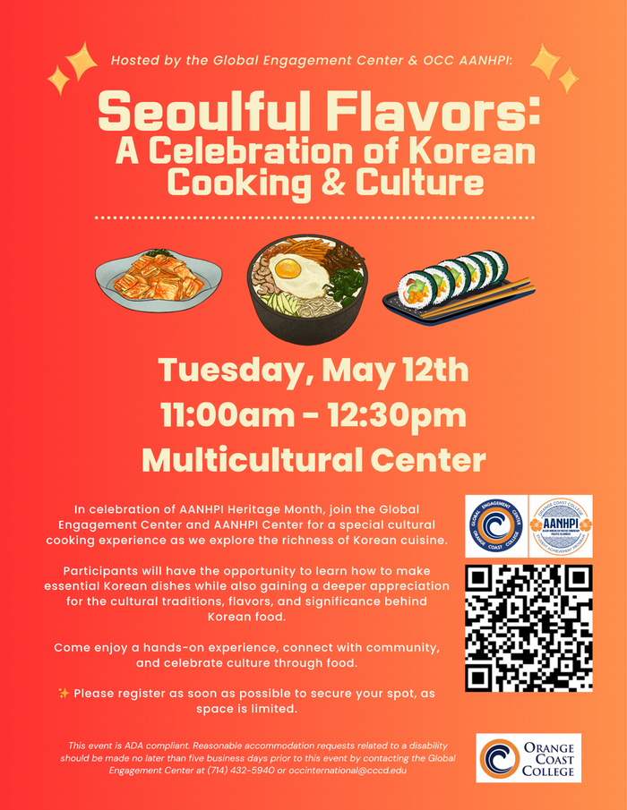 orange red and yellow background flyer with all event details for the Seoulful Flavors Korean cooking demo event on May 12th 2026 at the Multicultural Center from 12-1:30pm