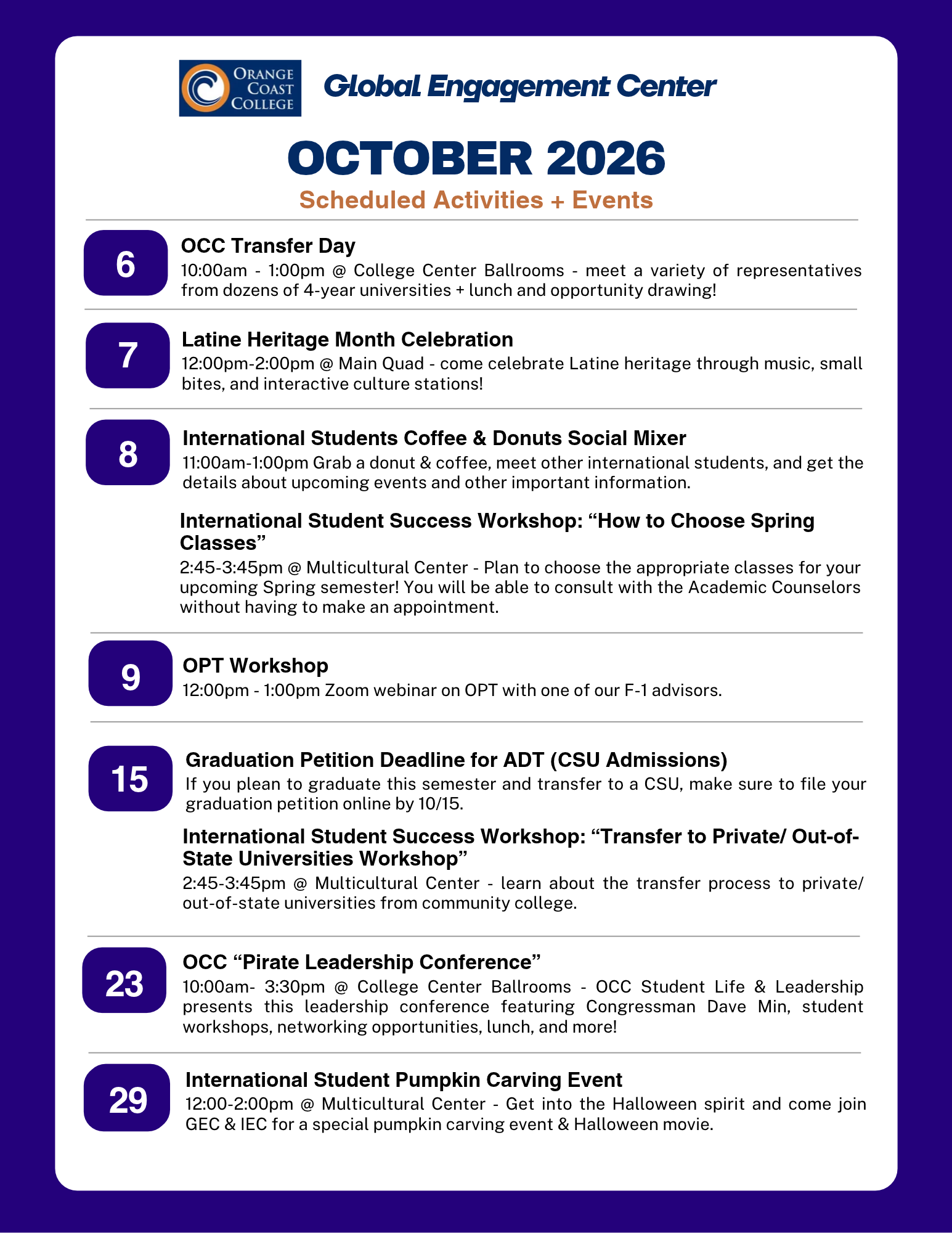 October 26 event calendar
