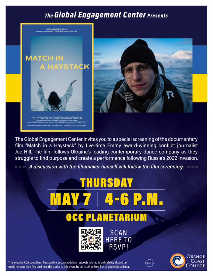 Ukraine documentary film flyer with black background and gold trim featuring photo of the filmmaker on assignment looking down at the camera lens with a copy of the film poster and all event details