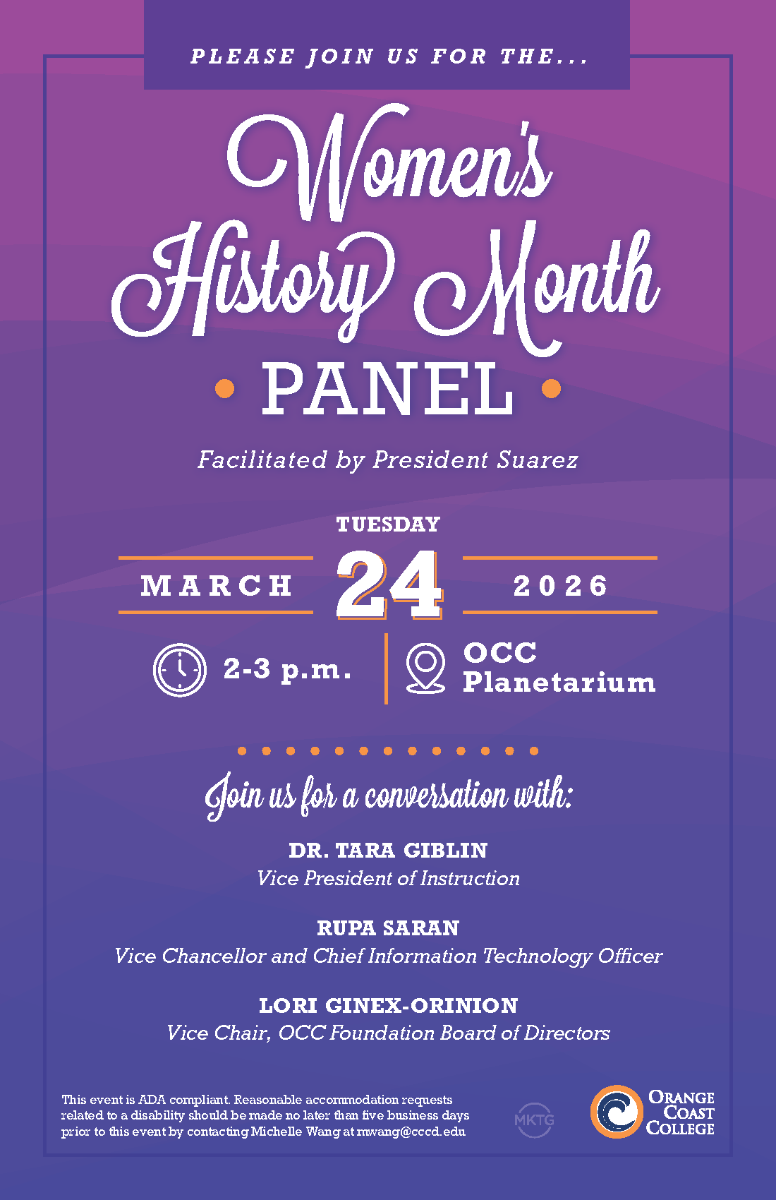 women leaders panel flyer purple background with all event details