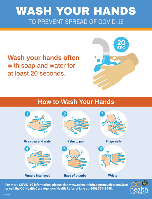 6 steps to wash your hands flyer from OC Health Care Agency