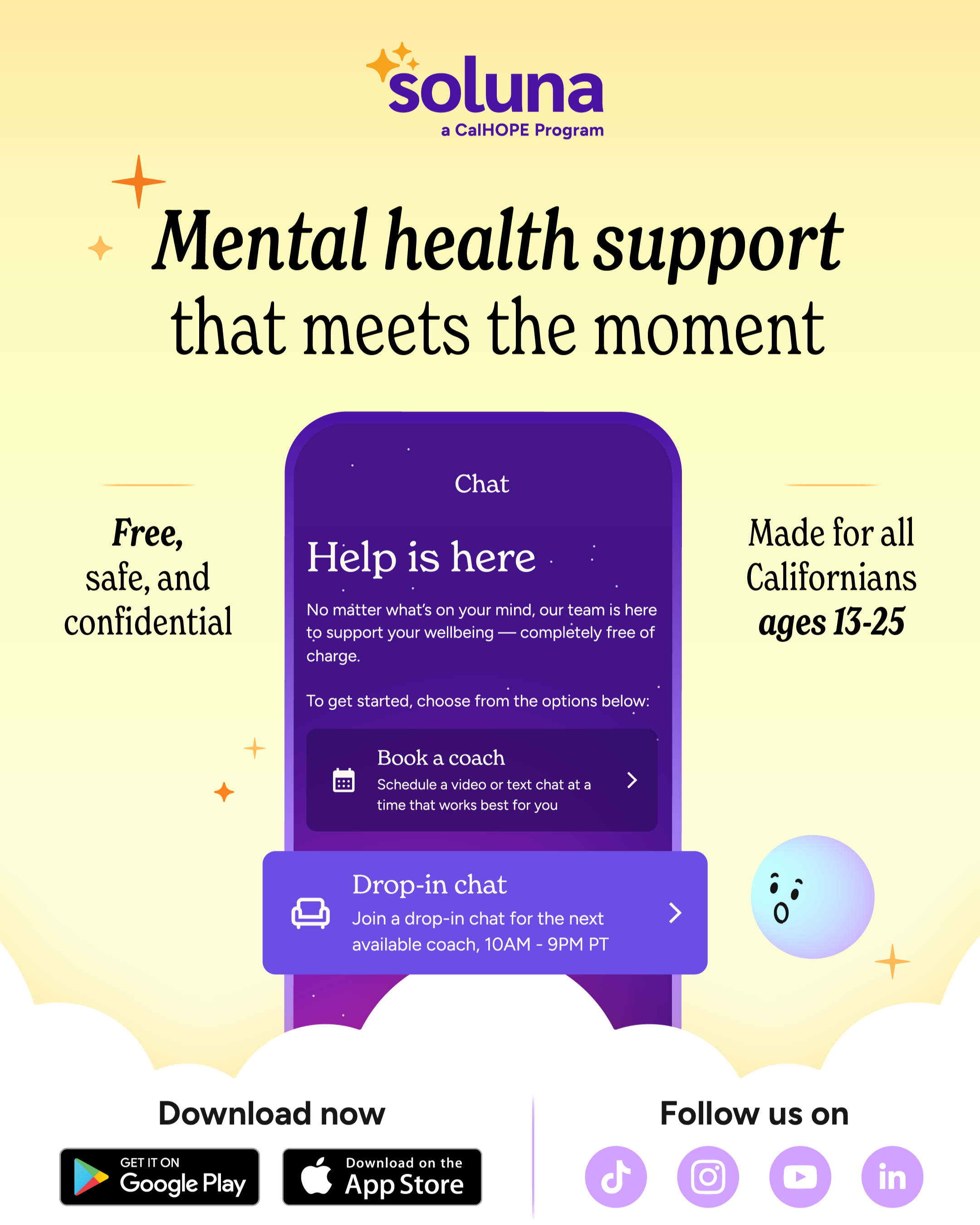 Soluna is a free, confidential app made for Californians age 13-25