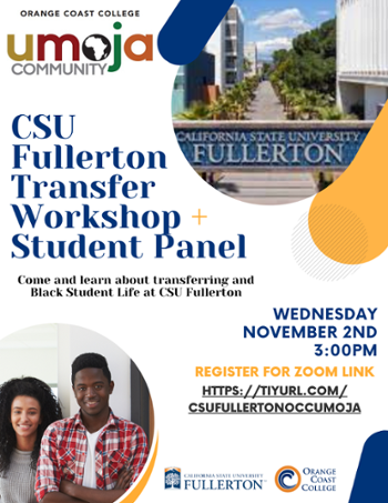 CSU Fullerton Transfer Workshop + student panel flyer